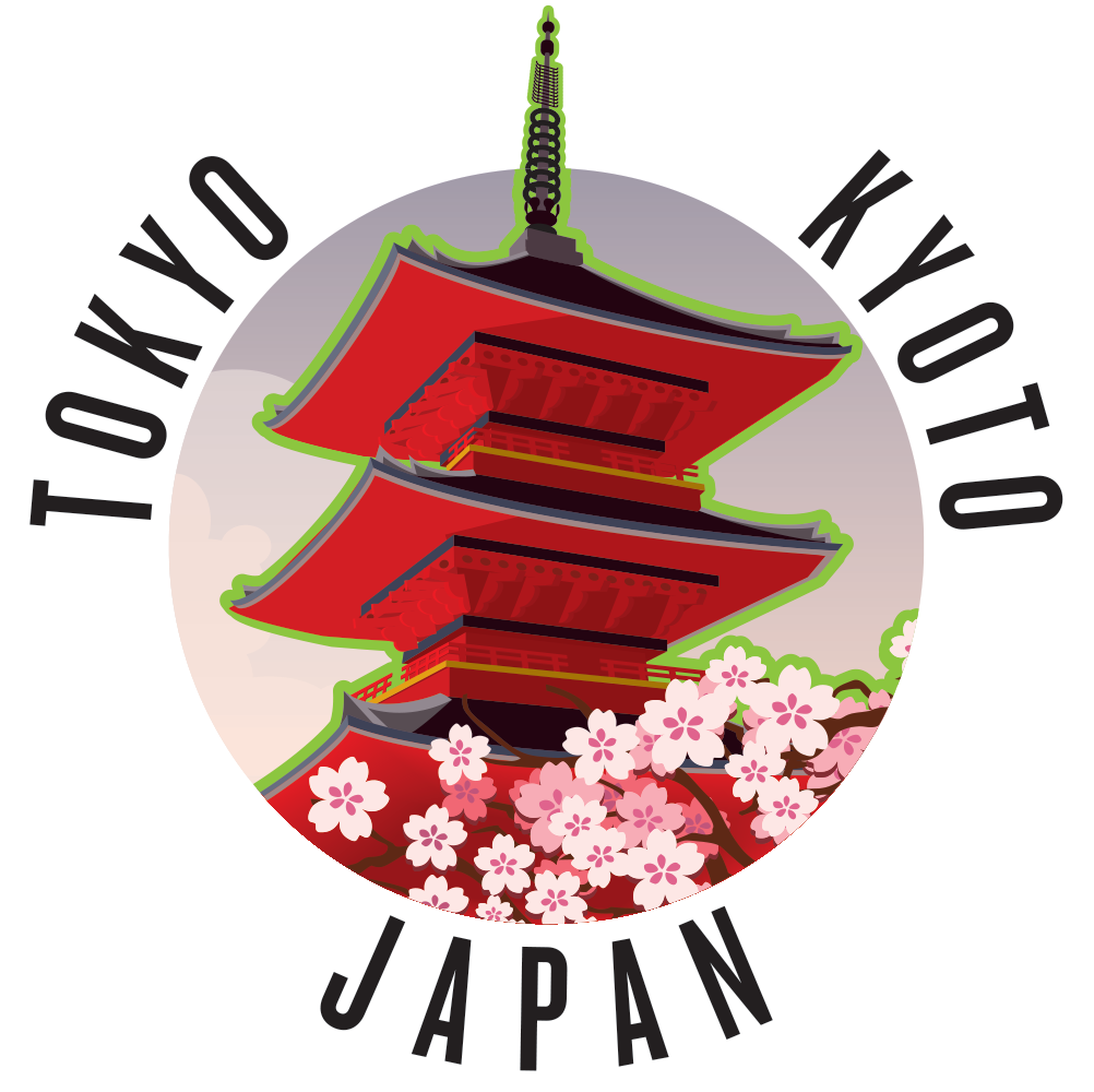 An illustration of a Japanese temple and cherry blossoms. Around it are the words Tokyo, Kyoto and Japan.