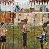 a mural of children playing displayed on a fence in Philadelphia.