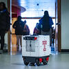 A Temple-themed robot rolling down the hallway. It has a white, boxy frame with a cherry Temple 'T' logo on the side and four wheels.