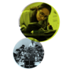 a student conducting a lab experiment and a historical photo of students in a lab.