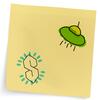 Hand drawings of a green spaceship and an S on a post it
