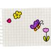 an illustration of a purple and orange butterfly flying above a pink tulip, with a yellow flower and red heart