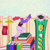 A brightly illustrated image of a Temple student standing on a pile of books, reaching for a graduation cap above the Main Campus bell tower
