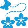 illustration of teal flowers and a butterfly.