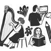 an illustration of students playing the harp, read and using a computer