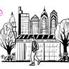 an illustration of a student walking on campus. the philadelphia city skyline is in the distance.