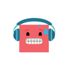 An illustration of a square cartoon face wearing headphones with a stressed out expression on its face