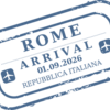 Illustration of a travel stamp with blue text that reads "Rome arrival' 