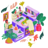A brightly colored illustration of four students working in a lab.