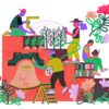 A brightly illustrated image of four students working in a garden