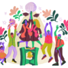 A brightly illustrated image of six people celebrating and reaching for the sky