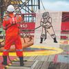 A construction worker on site, placing a chain on the site. A pixelated illustrated worker is helping him do so.