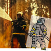 A firefighter uses a hose to put out a fire. A pixelated illustration of a robot helps hold the hose.