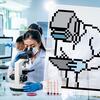 A Temple researcher looks through a microscope in a lab. Next to her is a pixelated illustration of a robot lab assistant helping her with the research.