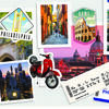 A collage comprising postcards; Philadelphia and Rome stickers; rail tickets and more.