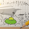 Hand drawn illustrations and doodles on grid notebook paper, including cherries, a spaceship and sun. A paper airplane and pencil lay ontop of the notebook paper.
