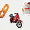 Stickers of a Philadelphia pretzel, Italian vespa and the Maneki-neko cat from Japan