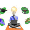 An illustration of a person with a lightbulb as a head, sitting on the ground surrounded by floating items, including a graduation cap, a steering wheel, a gold crown and a megaphone.