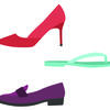 An illustration of a red stiletto high heel, green flip flop and purple loafer