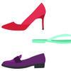 An illustration of a red stiletto heel, blue flip flop and purple loafer