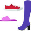 An illustration of a red converse sneaker, pink slipper slides and purple knee high boots
